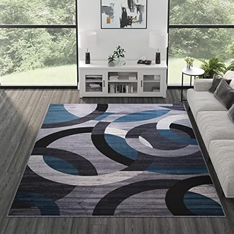 Masada Masada Rugs, Thatcher Collection Accent Rug with Interlocking Circle Pattern in Blue and Grey with Olefin Facing and Natural Jute Backing - 8'x10' Cover