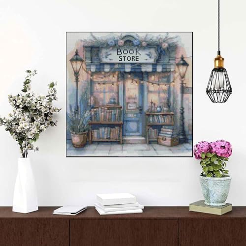 Image of MYBISYMQQ Book Store Cross Stitch Kits for Adults,11CT Stamped Cross Stitch Kits for Beginner,DIY Needlepoint Embroidery Patterns Kits Embroidery Patterns for Home Wall Decor 13.7x13.7 inches