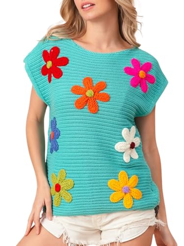 Image of Joiemont Womens Crochet Flower Embroidery Knit Top Sleeveless Round Neck Knit Sweater