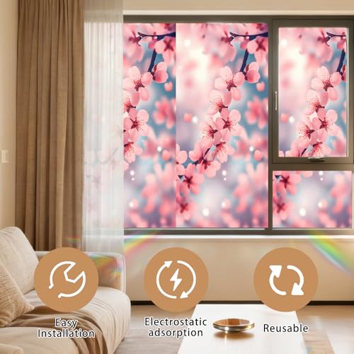 Image of Nuxovilar Stained Glass Peach Blossom Flower Window Film 17.5x39.3 PVC