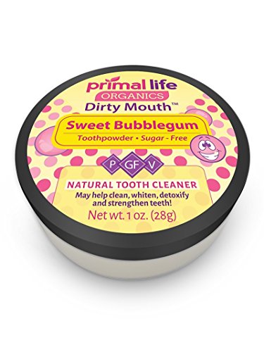 Image of Primal Life Organics - Dirty Mouth Toothpowder, Tooth Cleaning Powder, Flavored Essential Oils with Natural Kaolin & Bentonite Clay, Good for 200+ Brushings, Organic, Vegan (Fruity Bubblegum, 1 oz)