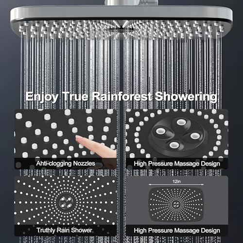 Regadera de lluvia cromada con mano libre: regadera superior rectangular de alta presión 12x7.5 pulgadas y regadera manual de 5 pulgadas, boquillas de silicona antiobstrucción, barra ajustable de altura miniatura 3