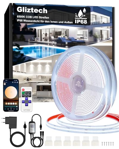 30 m COB ledstrip, IP68 waterdicht, 24 V, 6500 K, zelfklevend, voor buiten met voeding, app en afstandsbediening, voor dakrand, tuin, zwembad, terras, keuken, badkamer