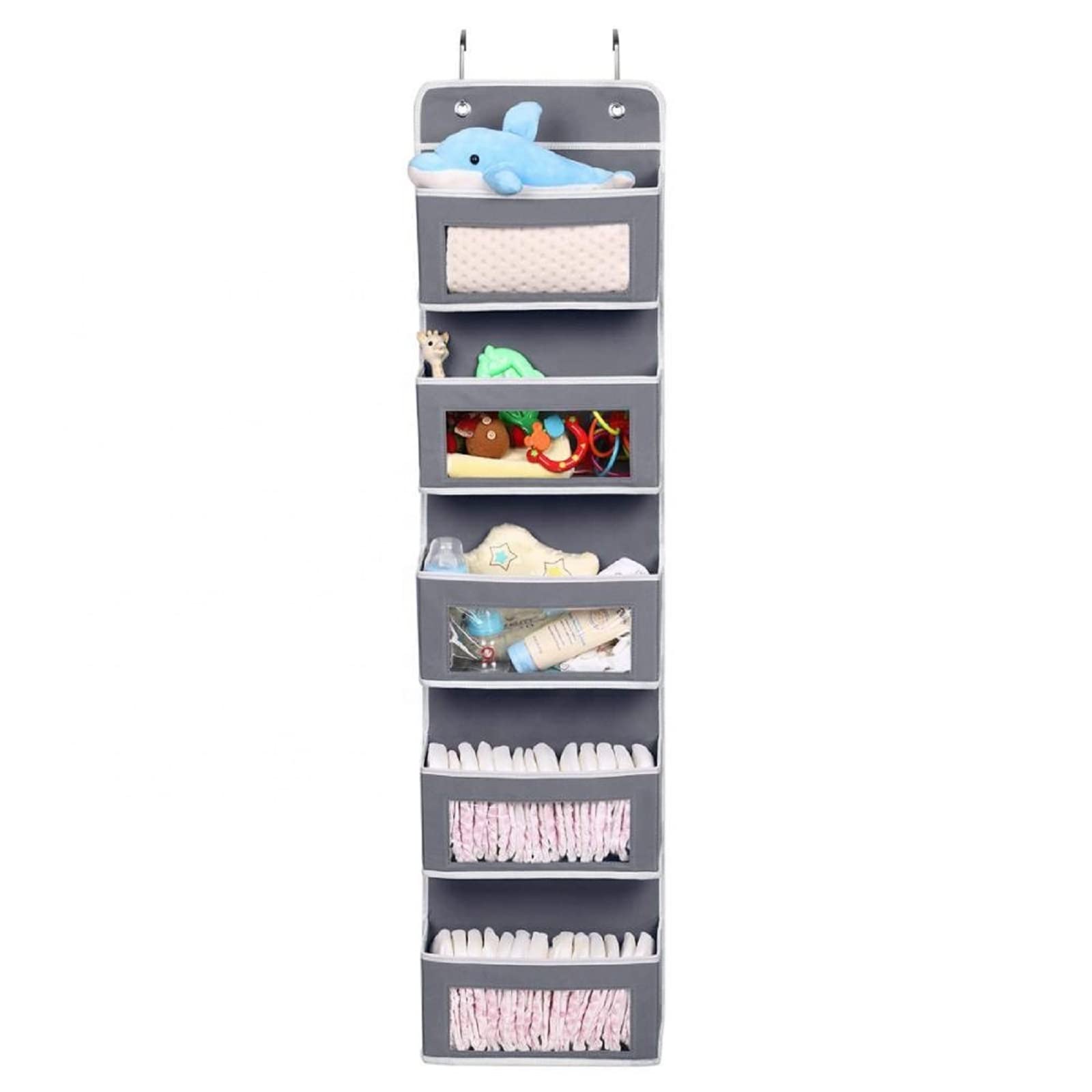 Over The Door Hanging Organizer with 5 Large Pocket,Wall Mount Storage with Clear Windows and 2 Widened Metal Hooks for Bedroom Bathroom Kitchen Diapers Dorm Toys Shoes and Pantry