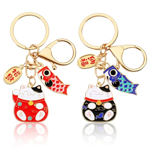 Shimmeroo Lot de 2 porte-clés en forme de chat porte-bonheur japonais pour richesse et fortune avec accessoires en forme de poisson, joli porte-clés japonais pour femme