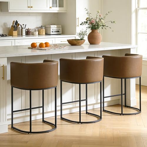 Image of 26 inch Counter Height Bar Stools Set of 3, Faux Leather Upholstered Barrel Chairs with Back and Arms, Metal Frame Kitchen Island Stools with Footrest, Cognac Brown
