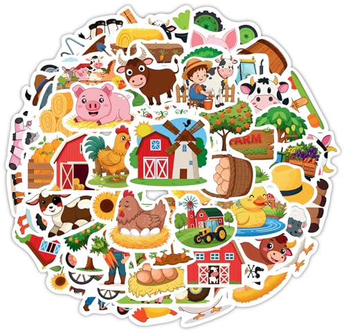 100 Pcs Farm Animal Stickers for Kids Cute Animals Water Bottle Stickers for Kids Waterproof Vinyl Laptop Kid Sticker Pack Barn Cow Pig Stickers for Girls Boys Classroom Prizes