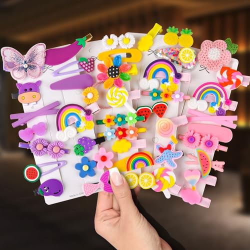 42 Pcs Baby Hair Clips Set Cute Toddler Hair Accessories with Flower Butterfly Rainbow Candy & Fruit Designs Kids Hair Pins and Barrettes for Girls Styling and Daily Wear