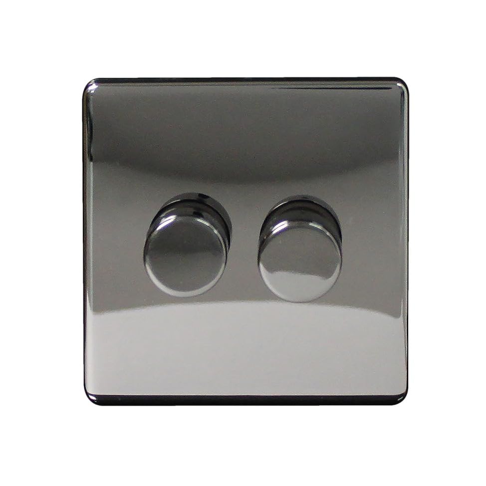 Arlec Double Dimmer Metal Light Switch | Black Nickel Finish, Screwless Faceplate | 2 Gang, 2-Way, Push On/Off | 250w, Universal, Compatible with LED & Halogen Lamps | 85 x 85 x 43mm