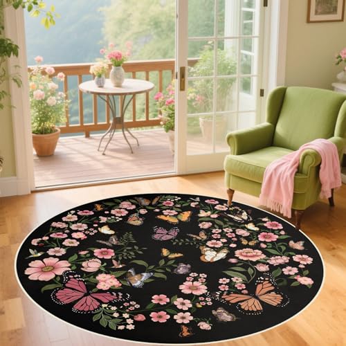 Butterfly 4ft Round Rug - 4x4 Washable Circle Rug Soft Large Circle Carpet for Bedroom Living Room Kitchen Nursery, Black