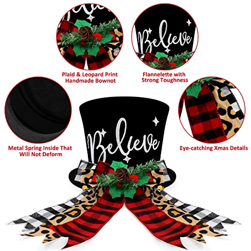 Buffalo Plaid Christmas Tree Topper Top Hat With Handmade Leopard Black And Red Check Bows Xmas Believe Ornament Winter Holiday Santa Home Decoration Wreath Festive Gift Ideas Supplies #TOP4