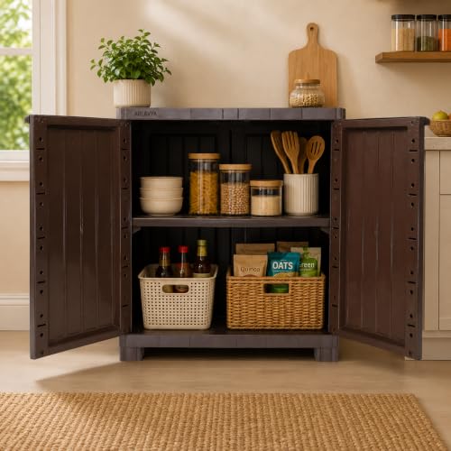 Image of 2.4 Ft x 2.1 Ft Storage Plastic Cupboard | 1 Year Warranty | Free Standing Cabinet | (Finish Color - Brown, Door Type- Hinged, DIY(Do-It-Yourself)) | (1 Shelf)