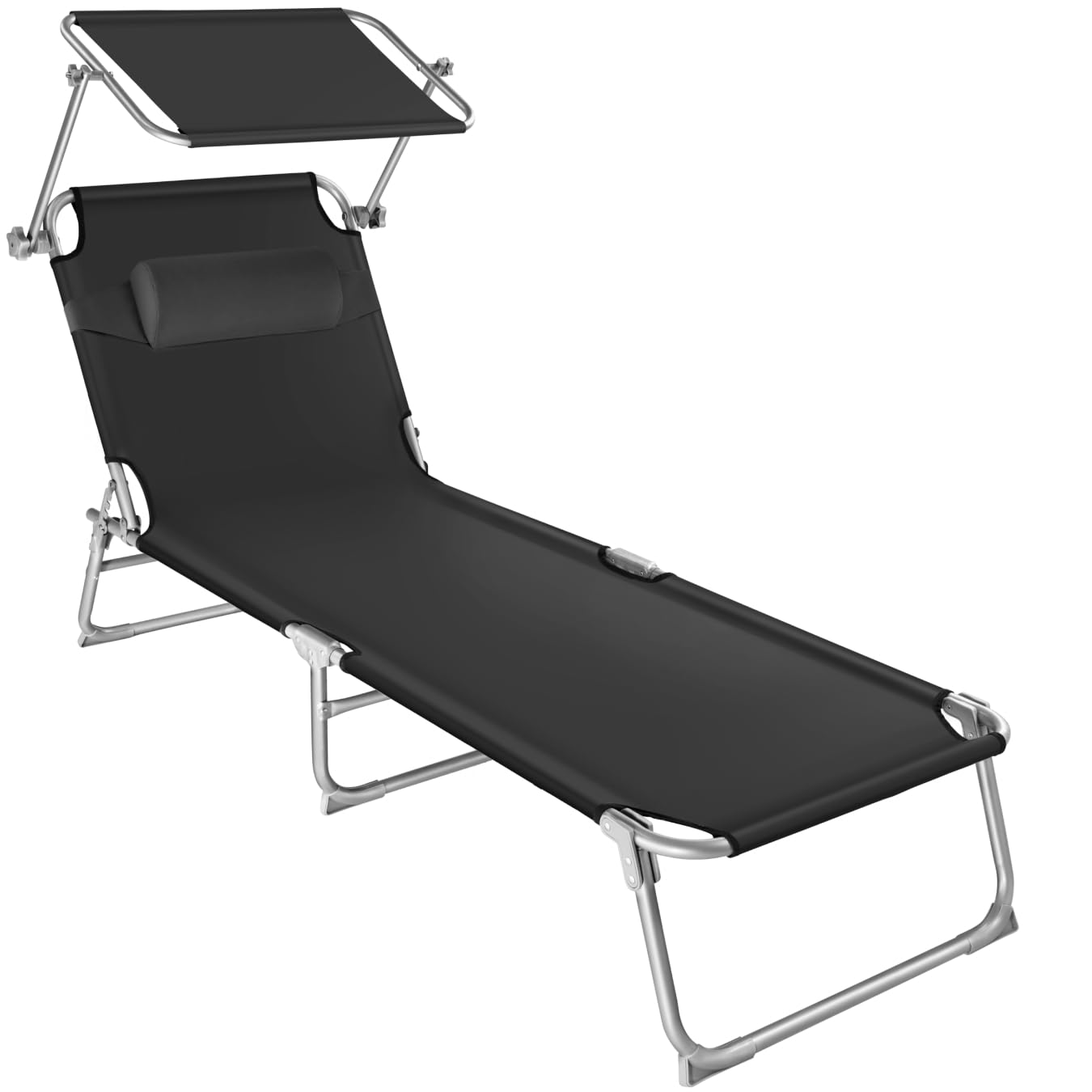 TecTake® Tumbona Plegable con Toldo y Respaldo Regulables, Tumbona Piscina con Reposacabezas y Parasol, Tumbona Playa Resistente a la Intemperie, Tumbonas Jardín Exterior, Carga Máx. 110 kg - Negro