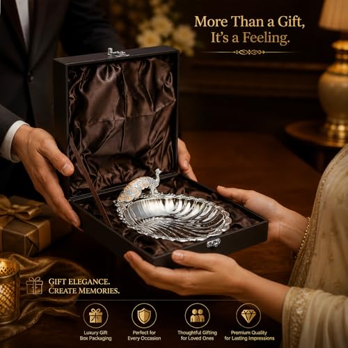 Image of Diviniti German Silver Peacock Decorative Tray for Home Decor | Luxury Dry Fruit & Sweet Serving Platter with Orange Enamel Peacock Design | Premium Decorative Gift Hamper Plate with Elegant Gift Box