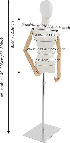 Miniatura 2 de Vestido de maniquí femenino con cabeza desmontable y brazos de madera ajustables, cubierta de lino y base de metal dorado, altura ajustable de 55 a