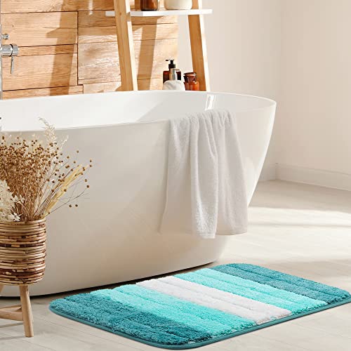PiccoCasa Extra Soft & Absorbent Non Slip Bath Mat, 50 x 80cm, Turquoise Microfiber Striped Rug, Machine Wash & Dry - Image 2