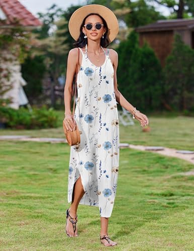 Image of Zeagoo Womens Summer Dress Floral Print V-Neck Sleeveless Dress Beach Vacation Clothes Petite Maxi Dress White Floral XXL