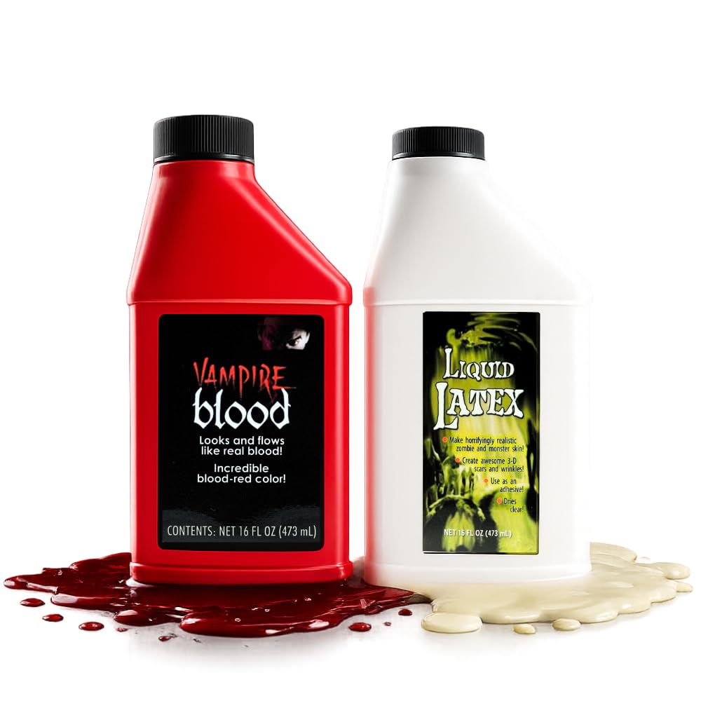 Fake Blood and Liquid Latex 16 Oz - Combo Kit - for Adults and Kids, Vampire Blood, Ideal for Artwork, Theater and Cosplays, 2 Full Pints
