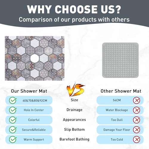 Image of Square Shower Mat Non Slip: 32 x 24 Inch Extra Large Shower Mats with Drain Hole in Middle - PVC Loofah Anti Slip Shower Floor Matt for Inside Shower
