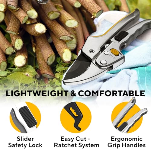 Image of Ratchet Pruning Shears for Gardening Heavy Duty - Increases Cutting Power 3x - Perfect Ratchet Pruners for Weak Hands & Arthritis - 8 inch Anvil Garden Clippers - Sharp Blade for Effortless Cutting-Yellow