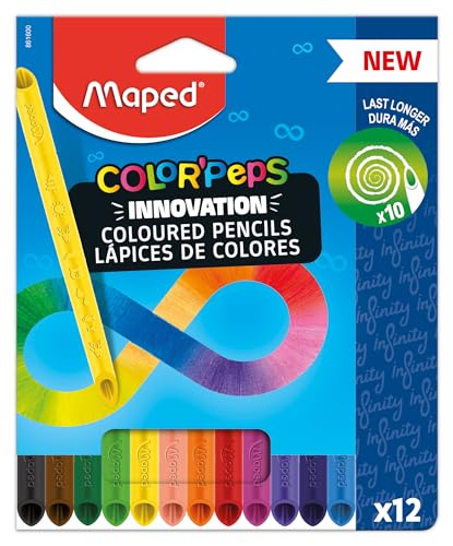 Maped - Lápices de Colores - Colección Color'Peps Infinity - Estuche de 12 Unidades - Duran 10 Veces Más - Sin Necesidad de Afilar - Agarre...