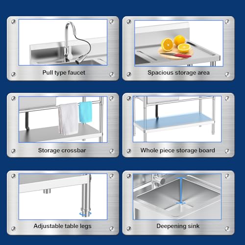 Image of Stainless Steel Utility Sink Freestanding Single Bowl Laundry Sink with 360 Swivel Pull-Out Sprayer Faucet, Hot and Cold Water Plumbing Workbench for Laundry Room Farmhouse