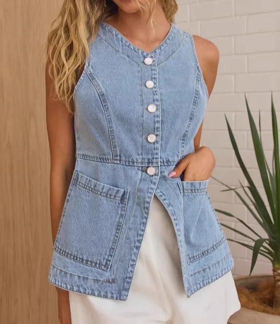 Denim Vest for Women Button Up Dressy Sleeveless Blazer Long Jean Vest Tank Top with Pockets3