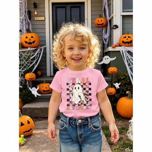 KEKEMI Toddler Baby Girl Halloween Shirt Feral But Spooky T-Shirt Ghost Spooky Season Outfit Cute Short Sleeve Tees Fall Tops2