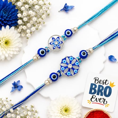 Image of eCraftIndia Set of 2 Floral Evil Eye Rakhi for Brother | Designer Rakhi Set | Designer Rakhis | Best Bro Ever Fridge Magnet | Roli Chawal Pack