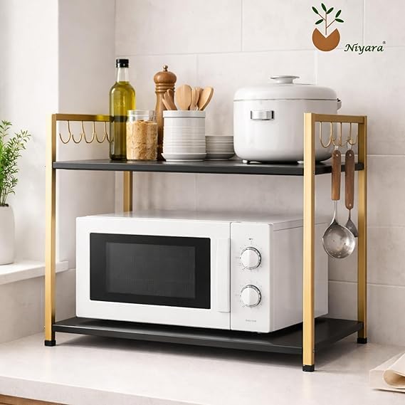 Image of Niyara Multipurpose 2-Tier Microwave Oven Stand Rack | Heavy Duty Metal Kitchen Storage Shelf Organizer with Side Hooks for Utensils, Jars & Appliances (black with gold)