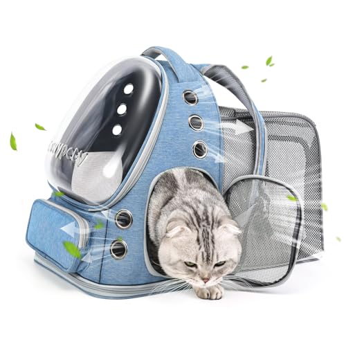 Image of Cat Backpack Carrier, Breathable Cat Carrier Large Space Bubble Pet Backpack for Kitty Small Dog up to 15lbs, Transparent & Foldable Pet Carrier for Travel Hiking (Square Expandable- Blue)