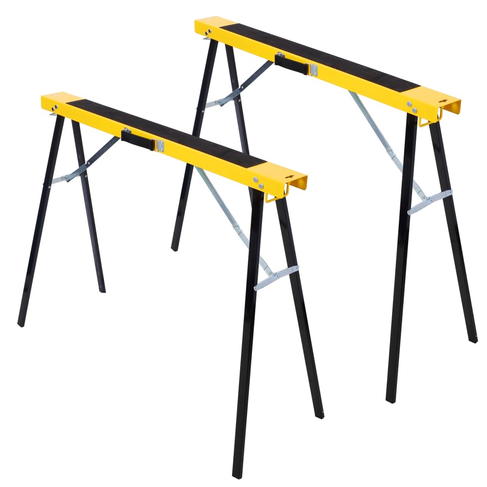 Saw Horses 2 Pack, Folding Portable Work Horse with Fast Open Legs, Convenient Handle, Heavy Duty Steel Sawhorse for Garage, Workshop, Fully Assembled