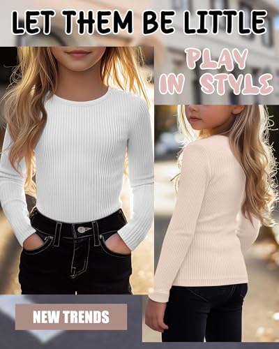 Image of 4 Pack Girls Long Sleeve Shirts Ribbed Knit Cotton Crewneck Tops Slim Fit Soft Casual Kids Base Layer Undershirts
