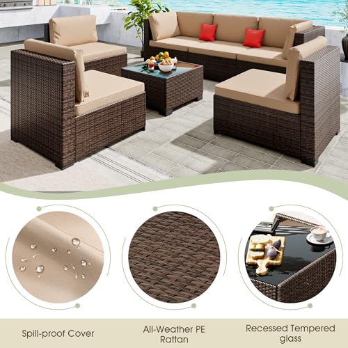 Image of LHBcraft 7 Piece Outdoor Patio Furniture Set, Wicker Hand-Woven Patio Furniture Set Outdoor Patio Sectional Sofa for Backyard Rattan Seating with Beige Cushion