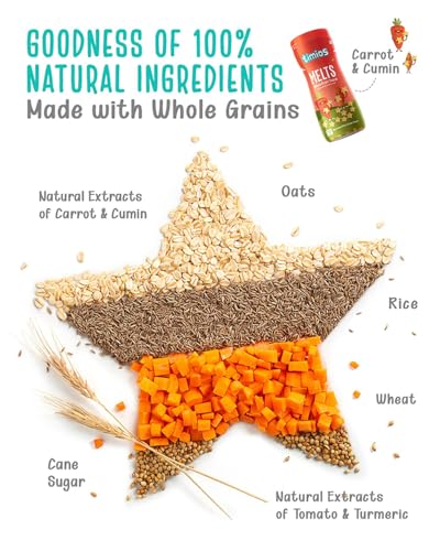 Image of Timios Melts Wholegrain Preservative Free Teething Puffs for Kids, Carrot & Cumin, Banana & Strawberry and Blueberry, Rich in Iron &Fiber, Travel Friendly, Healthy Snacks for Kids, Pack of 9, 50g Each