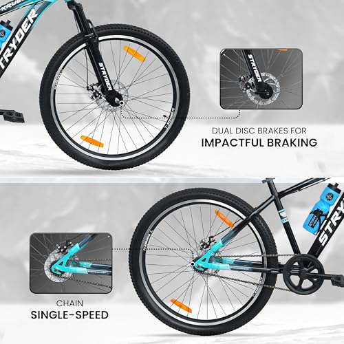 Image of Stryder 27.5T Krueger Mountain Cycle for Men & Women with Front Suspension and Dual Disc Brake | Single Speed Cycle - Ideal for 12+ Years (Frame: 18 Inches) (Black::Teal Green)