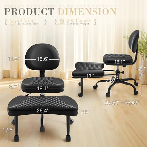 Image of Furmax Ergonomic Criss Cross Legged Office Chair with Wheels, 360Swivel Adjustable Height Kneeling Desk Chair with Footrest for ADHD, Yoga, Meditation, Home Office (Leather, Black)