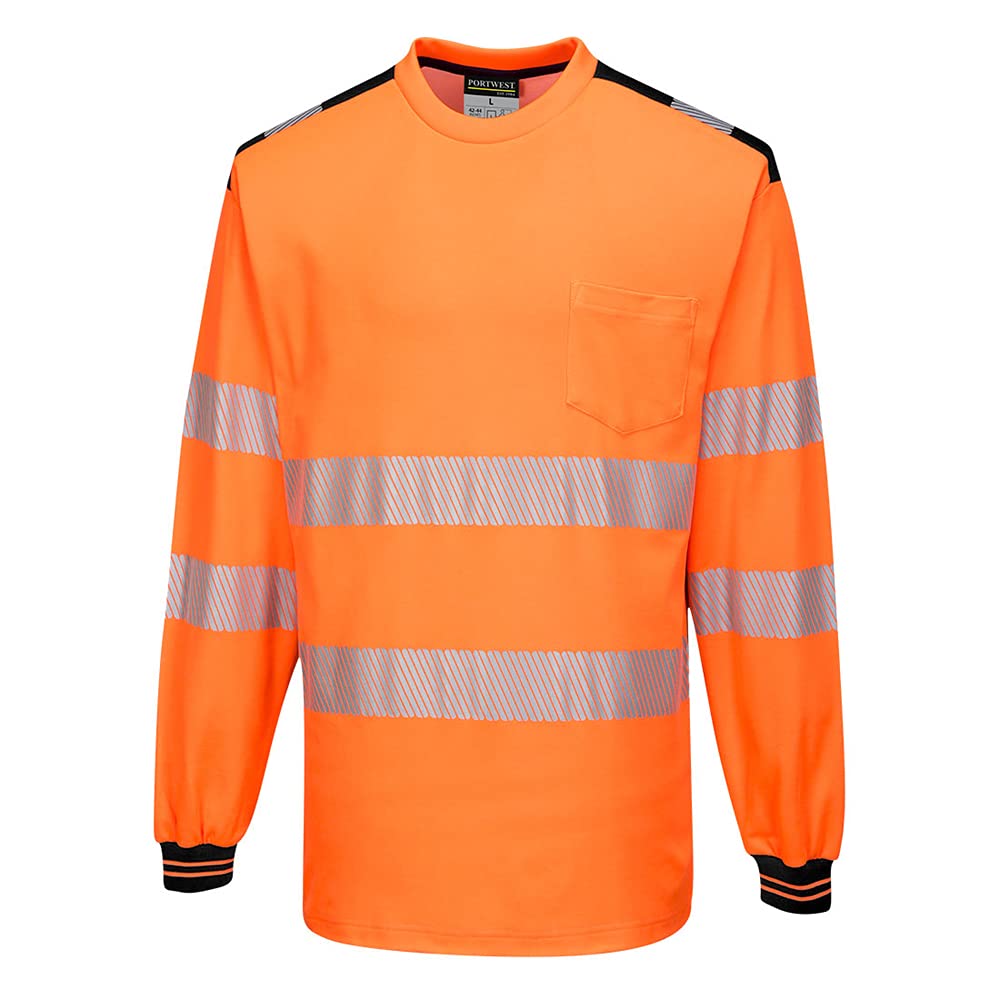 Portwest Orange Pw3 Hi Vis Cotton Comfort T-Shirt L/S M /Blk