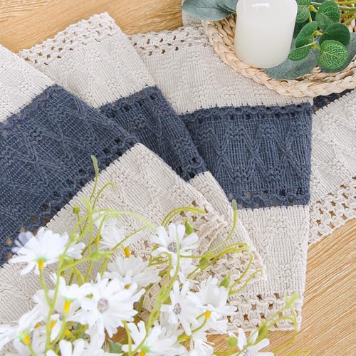 Image of FEXIA Boho Blue Table Runner 48 Inches Long with Tassels Macrame Farmhouse Summer Style Graduation Party Rustic Wedding Baby Shower Dining Kitchen Living Room Decor (12x48 Inches)