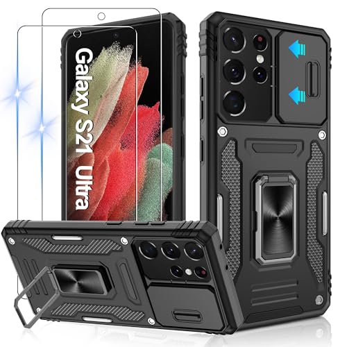 Jshru Hülle für Samsung Galaxy S21 Ultra Handyhülle Kameraschutz mit 2 Stück Schutzfolie Militärstandard Stoßfest Schutzhülle 360° Metall Ring Ständer Case für Galaxy S21 Ultra,Schwarz