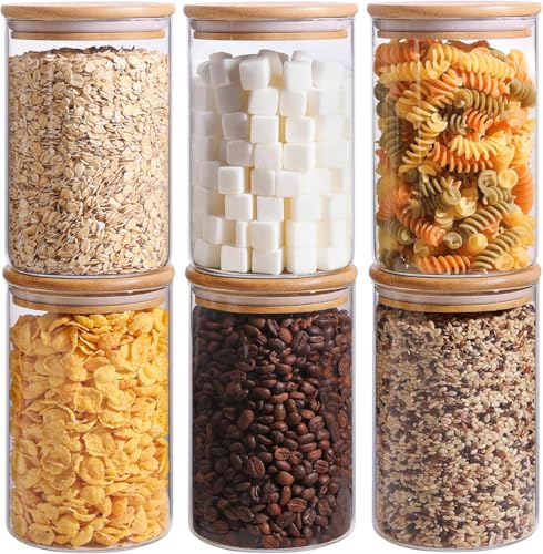 Image of MARTVIA Glass Food Storage Jars With Bamboo Lids 1000Ml Set of 6,Wide Mouth Lid Jar For Home Kitchen,Flour,Sugar,Coffee,Pasta,Oats,Grains,Cookies,Snacks (Round),Transparent