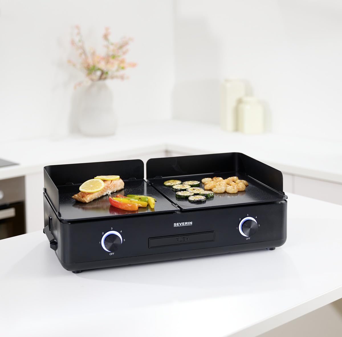 SEVERIN Plancha,grill de sobremesa con 2 placas y revestimiento cerámico liso (sin PFAS), superficie 1.300 cm, hasta 240°C, 2.200 W, negro, PG 8569