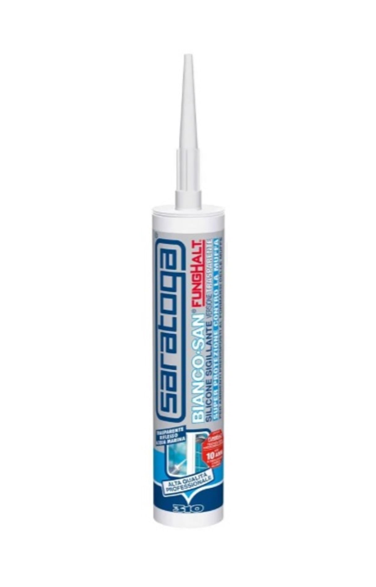 Saratoga Silicone Bianco-San FungHalt, Silicone Acetico Antimuffa per Bagno e Cucina, Sigillante per Sanitari, Super Protezione contro la Muffa, Trasparente da 310 ml
