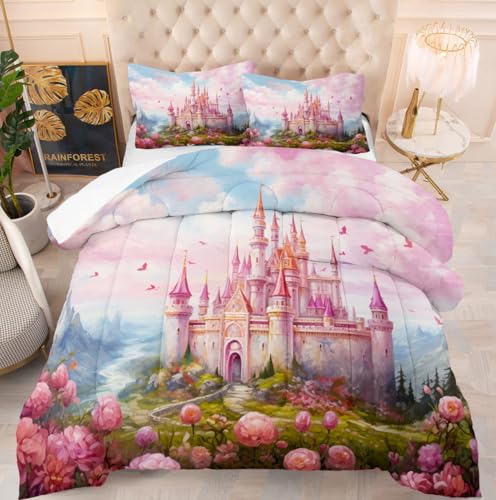 Kids Comforter Set Pink Princess Castle Printed Pattern Quilt Bedding