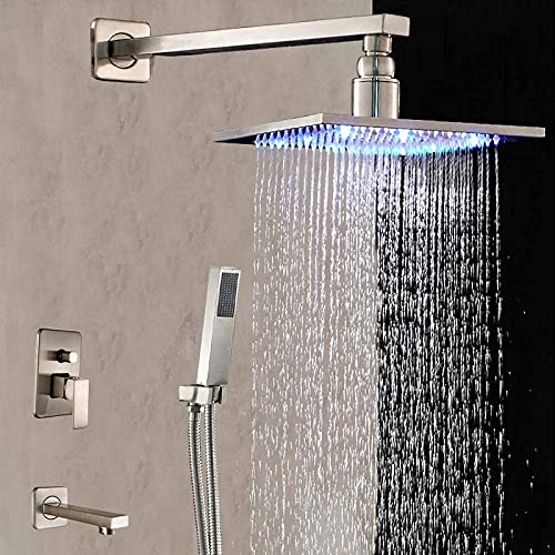 Douche de pluie LED connectée au mur avec pommeau à main nickel