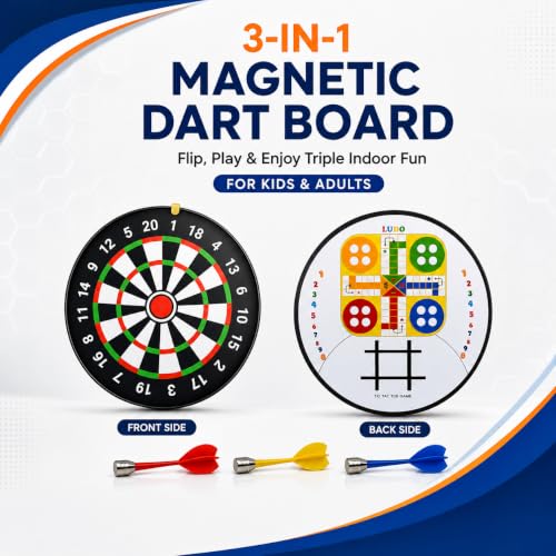 Image of 3-in-1 Magnetic Dart Board with Darts | One Side Dart Game, Other Side Ludo & Tic Tac Toe | Double-Sided Indoor Game Board for Kids & Adults | Safe Magnetic Darts for Home & Gifting