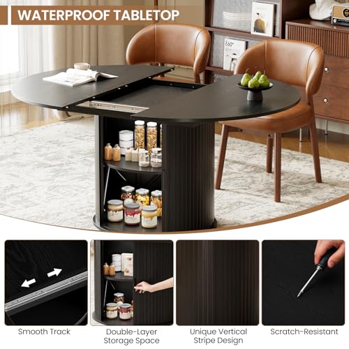 Image of MALOL 47 inch-63 inch Extendable Round to Oval Dining Room Table Chairs Set for 4-8, Modern Wooden Kitchen Table and Chairs with Hidden Storage and Fluted Design for Dining Room /Small Space(Black and Brown)