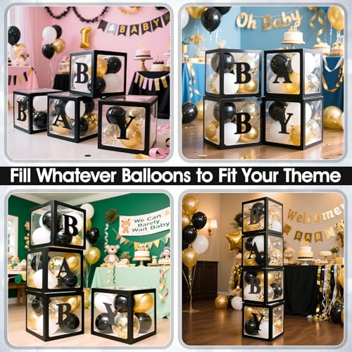 Image of Ledido Baby Boxes with Letters for Baby Shower Decorations with 38 Balloons, 4 pcs Clear Baby Balloon Boxes Blocks for Baby Shower Decor Boy Girl Gender Reveal Decorations Backdrop Party (Black)