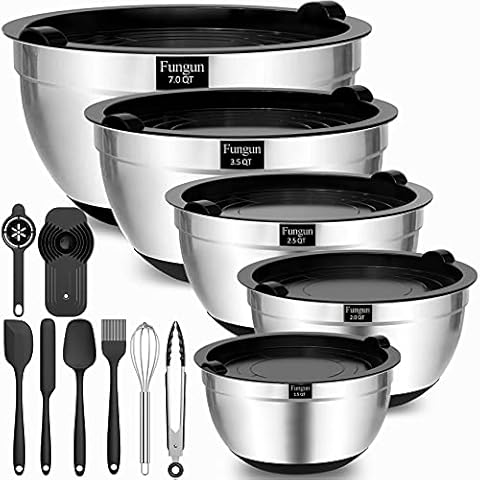 Fungun Mixing Bowls with Airtight Lids, 18 PCS Stainless Steel Nesting Mixing Bowls Set for Baking, Mixing, Serving & Prepping, Size, 7, 3.5, 2.5, 2, 1.5 qt, Metal Bowls with Non-Slip Bottoms Black Cover