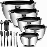 Fungun Mixing Bowls with Airtight Lids, 18 PCS Stainless Steel Nesting Mixing Bowls Set for Baking, Mixing, Serving & Prepping, Size, 7, 3.5, 2.5, 2, 1.5 qt, Metal Bowls with Non-Slip Bottoms Black